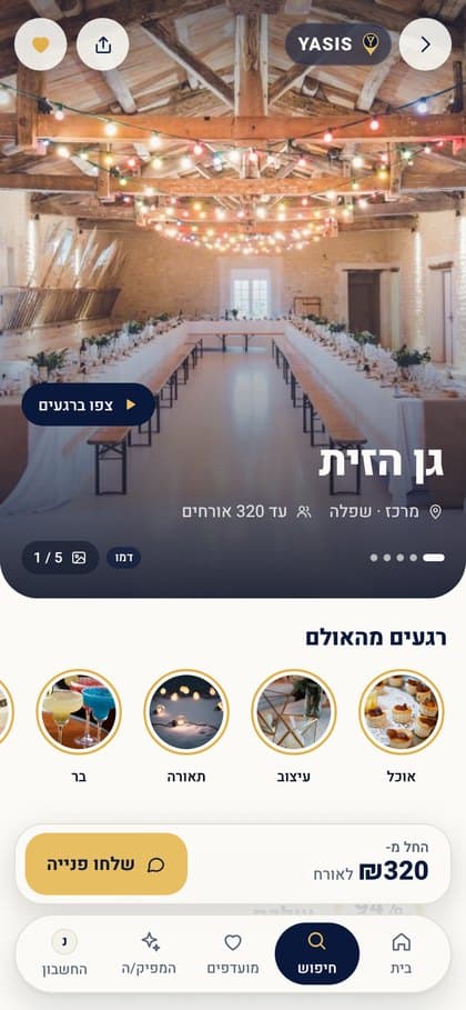 דוגמה. מה הלקוח רואה: עמוד האולם עם רגעים